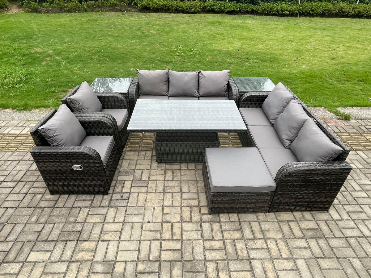 GARTENTISCHGRUPPE Polyrattan 9-Sitzer - Dunkelgrau/Grau, Glas/Kunststoff - Fimous