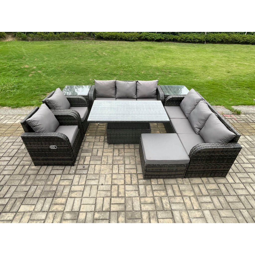 Thumbnail - Fimous Gartentischgruppe, Dunkelgrau, Metall, Kunststoff, Glas, 9-Sitzer, Füllung: Schaumstoff, rechteckig, Loungemöbel,...
