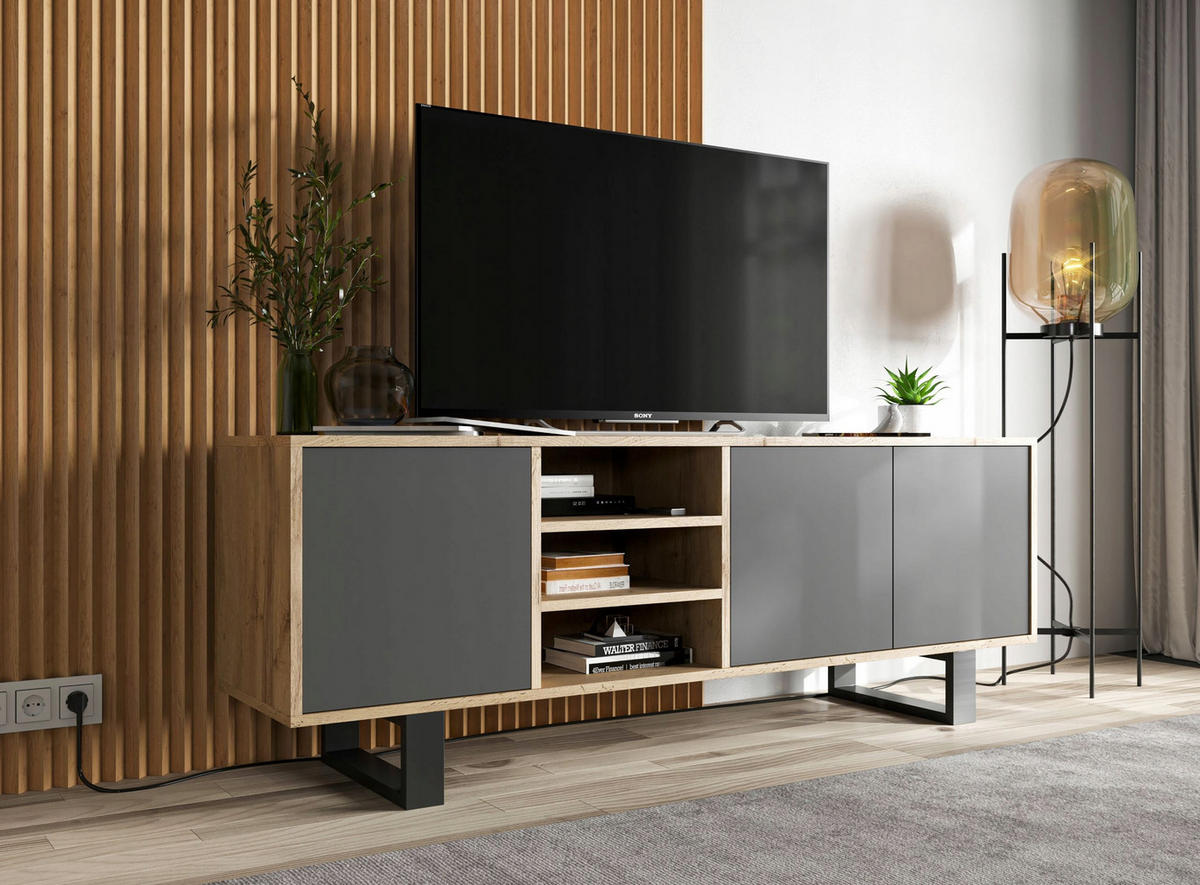 TV-LOWBOARD Apollo Eiche wotan Graphit Matt mit Metallbeinen 150 cm - Graphitfarben/Schwarz, Holzwerkstoff/Metall (150/53/35cm) - Meble Lindner