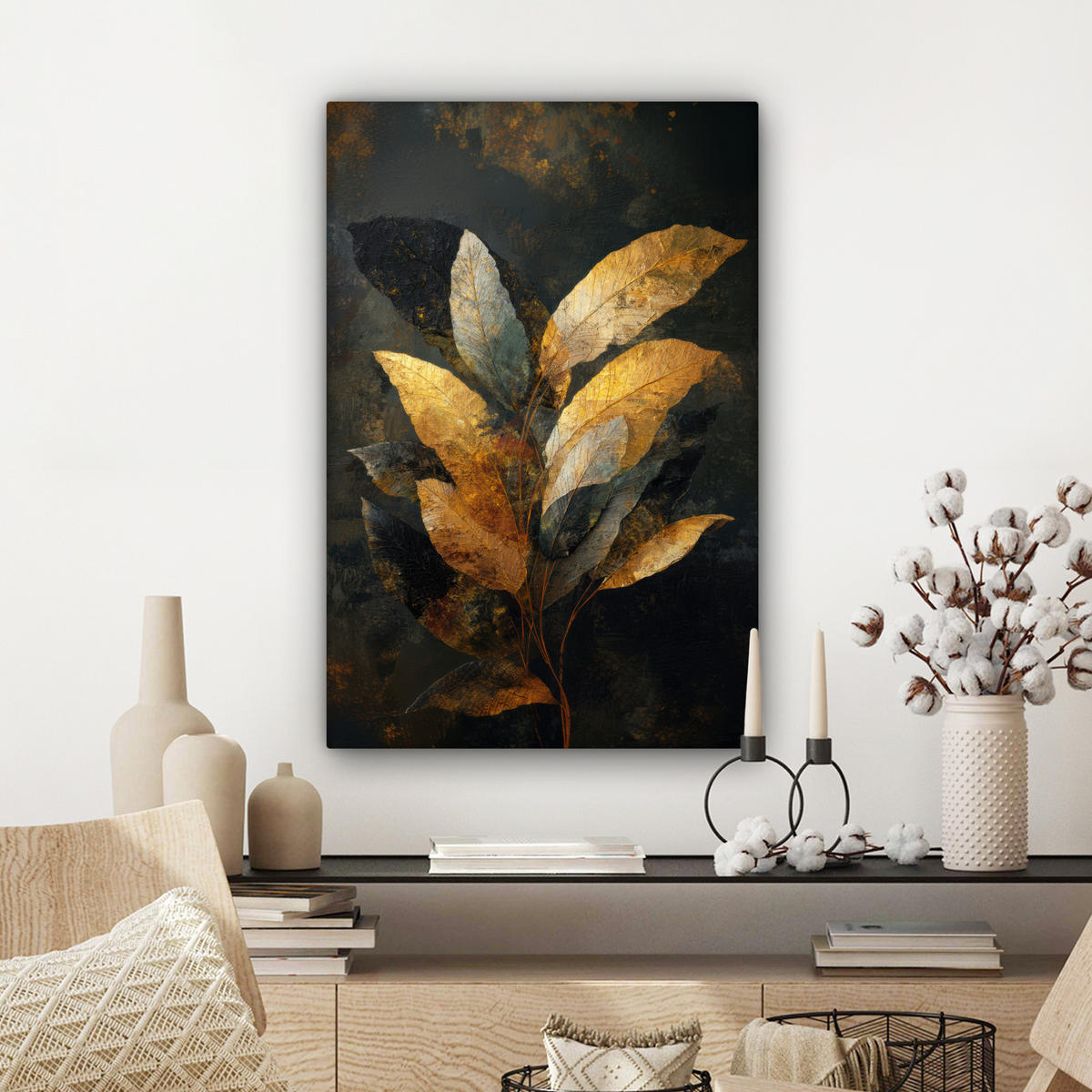 LEINWANDBILD Golden Leaf Komposition - Botanical Luxury Wanddeko Schlafzimmer 60x90 cm - Goldfarben/Schwarz, Textil (60/90cm) - MuchoWow