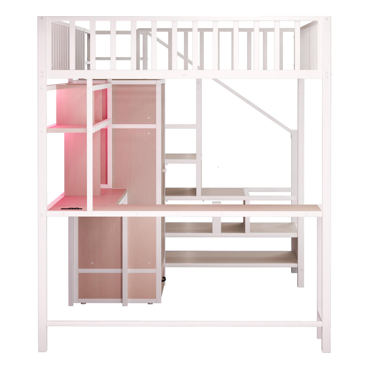 HOCHBETT 140/200 cm DE-01503, in Weiß, mit Schreibtisch, Kleiderschrank, Ladebuchse und LED - Weiß, Metall (140/200cm) - ComfortXL