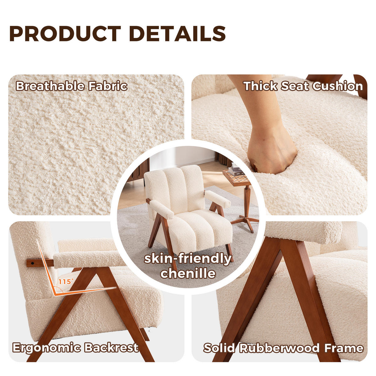 FOTOLIU Bouclé cu cadru din lemn masiv - bej, material textil (77/77/68.5cm) - Urban Meuble