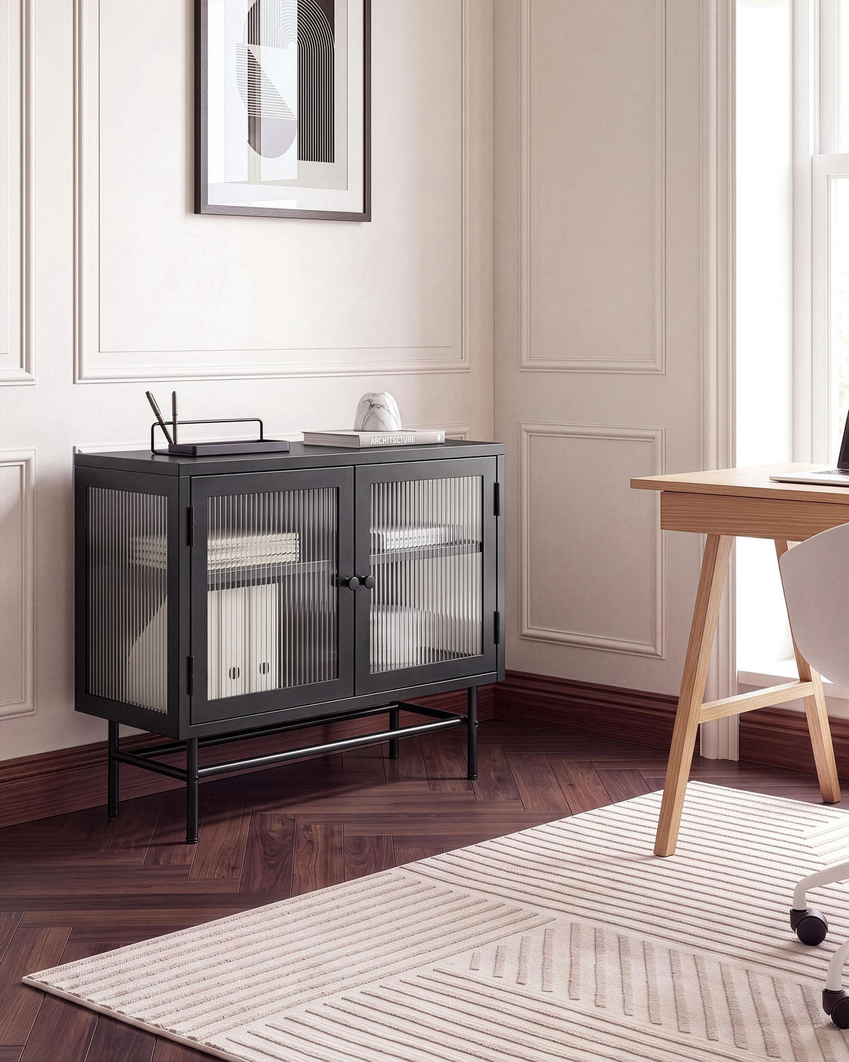 SIDEBOARD mit Glastüren Metall 77 cm Schwarz Devon - Schwarz, Metall (77/64/35cm) - Beliani