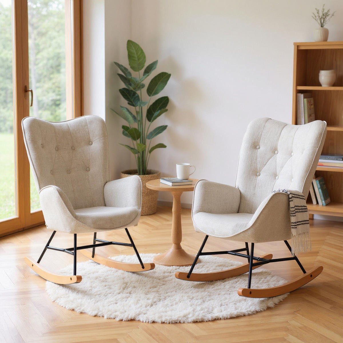 SCHAUKELSTUHL 2er-Set Beige mit Holzbeinen - Beige, Holz/Textil (66/97/84cm) - Meubles Cosy