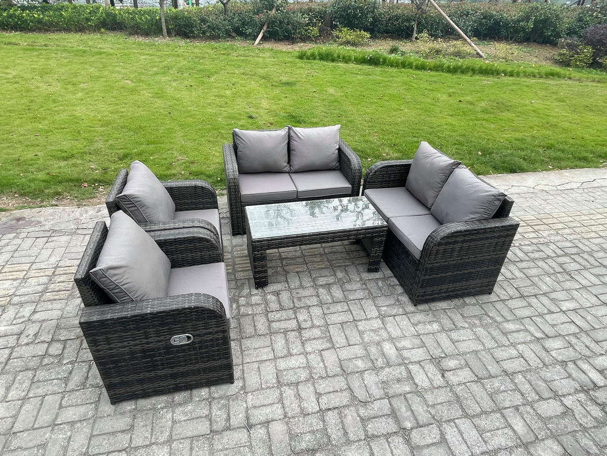 GARTENMÖBEL SET mit Sofa Polyrattan 6-Sitzer Dunkelgrau - Dunkelgrau/Grau, Glas/Kunststoff - Fimous