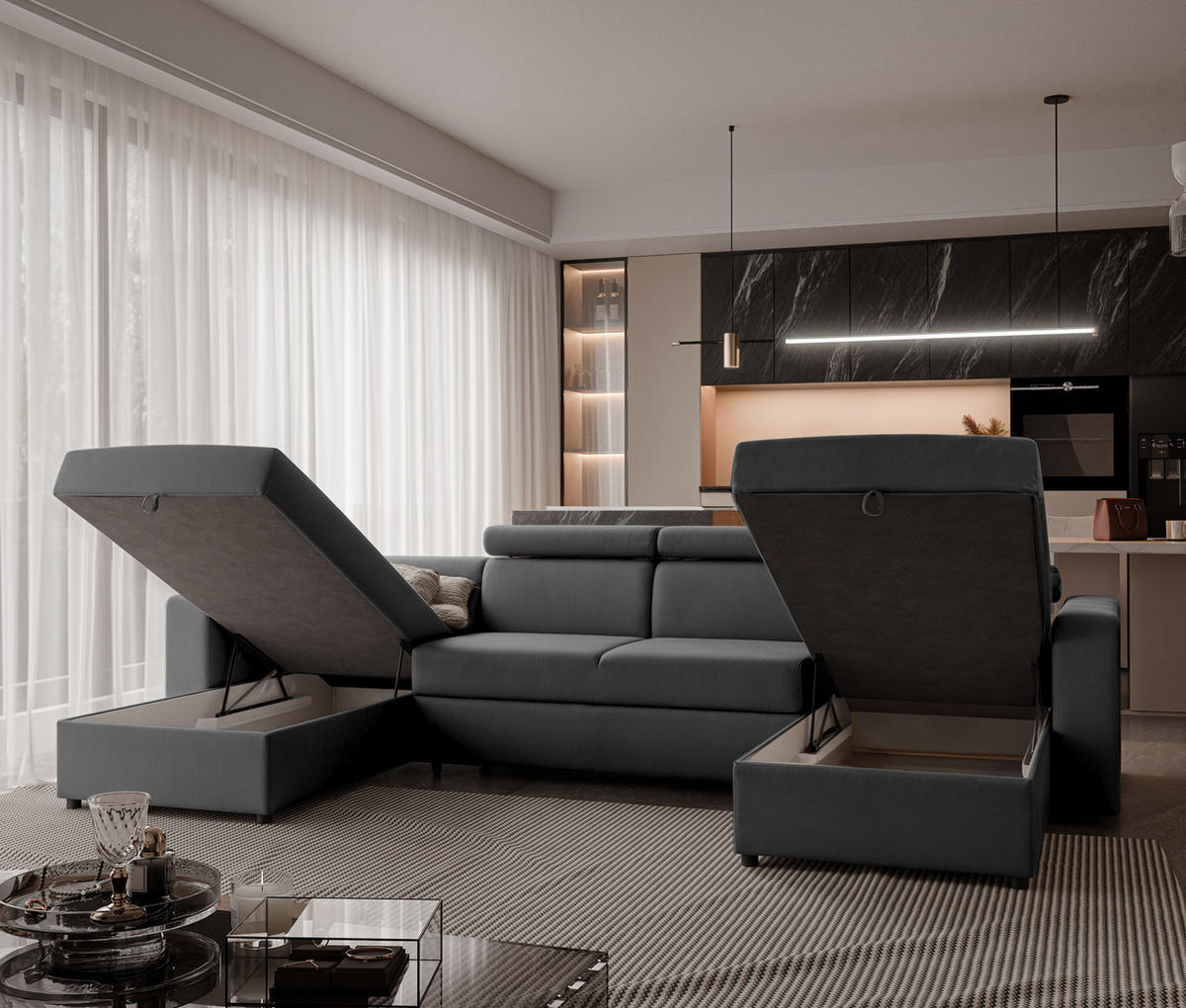 WOHNLANDSCHAFT BENI U II mit verstellbaren Kopfstützen und Schlaffunktion, Farbe: Grau - Schwarz/Grau, Kunststoff/Textil (302/60/166cm) - Idohome