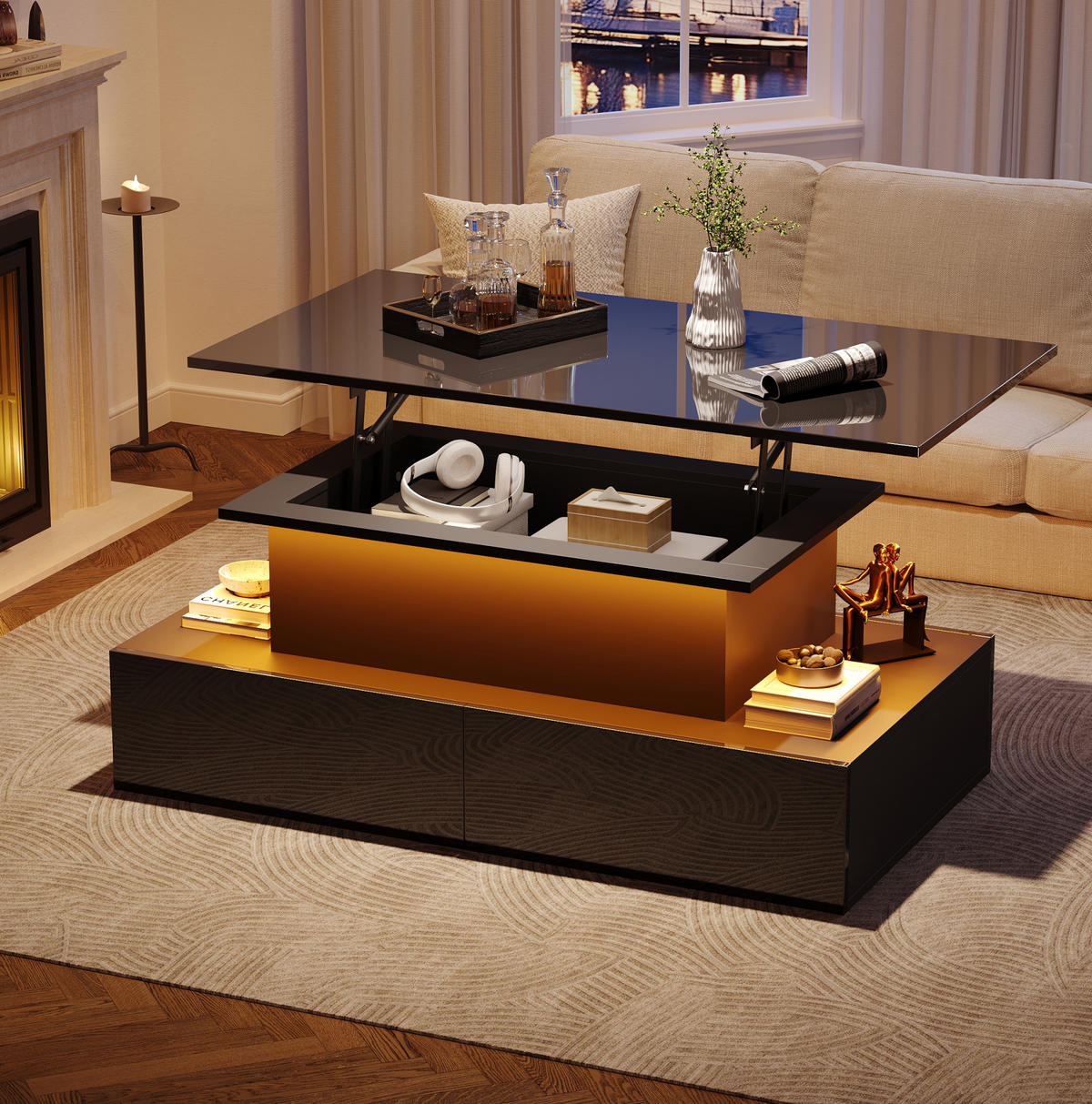 COUCHTISCH mit LED und 4 Schubladen 90 x 55 x 41 cm Schwarz Hochglanz - Schwarz, Holzwerkstoff (90/55/41cm) - Meubliv