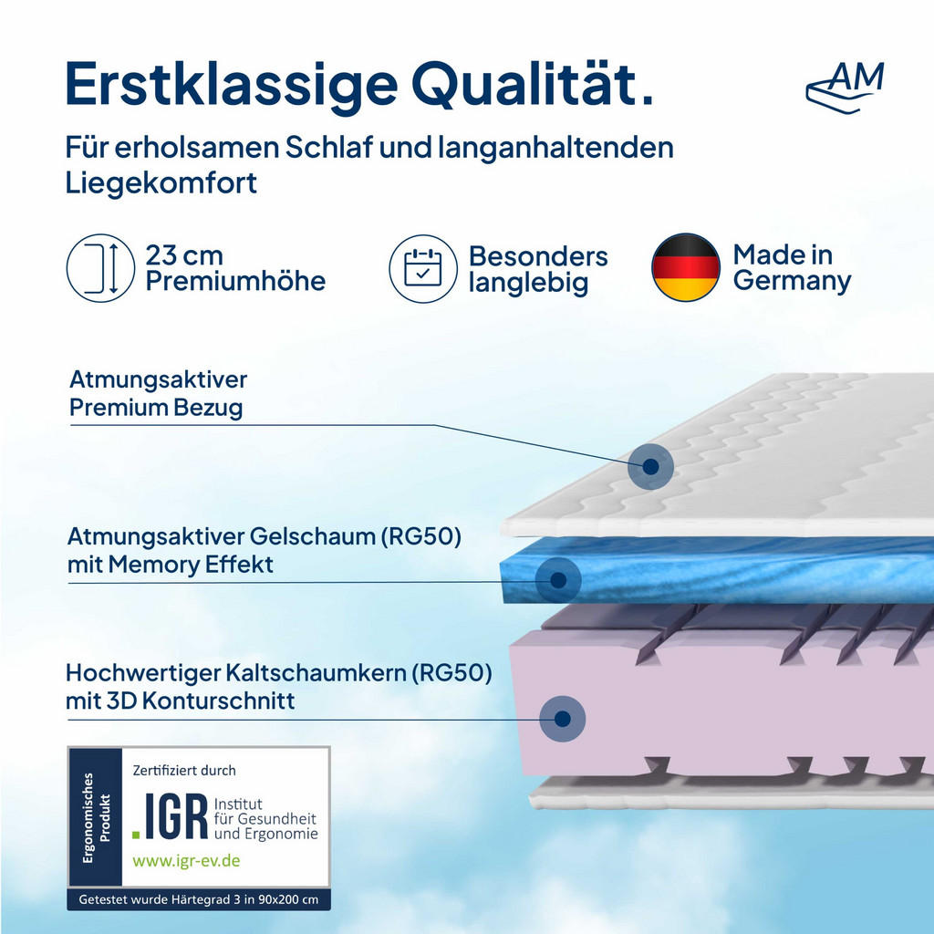 Thumbnail - AM Qualitätsmatratzen Gelmatratze, Weiß, Textil, Uni, H3, Füllung: Kaltschaum, Rechteckig, 160x200 cm, Bezug rundum abne...