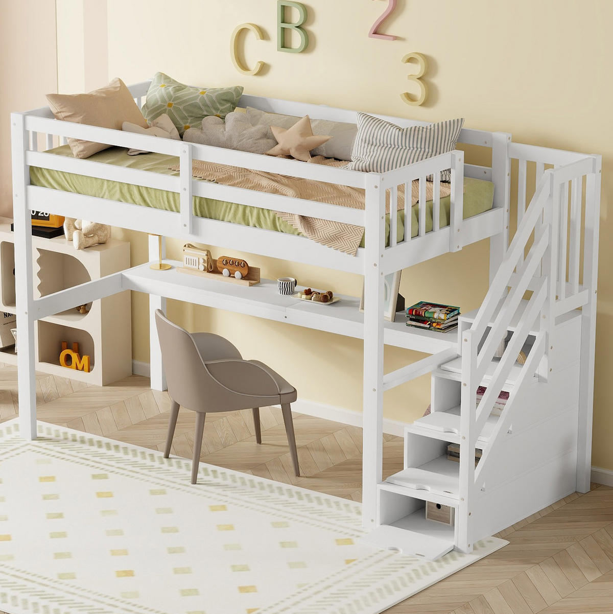 HOCHBETT 90 cm x 200 cm Weiß mit Schreibtisch und Stauraum aus Kiefernholz - Weiß, Holz (90/200cm) - MIVRAY
