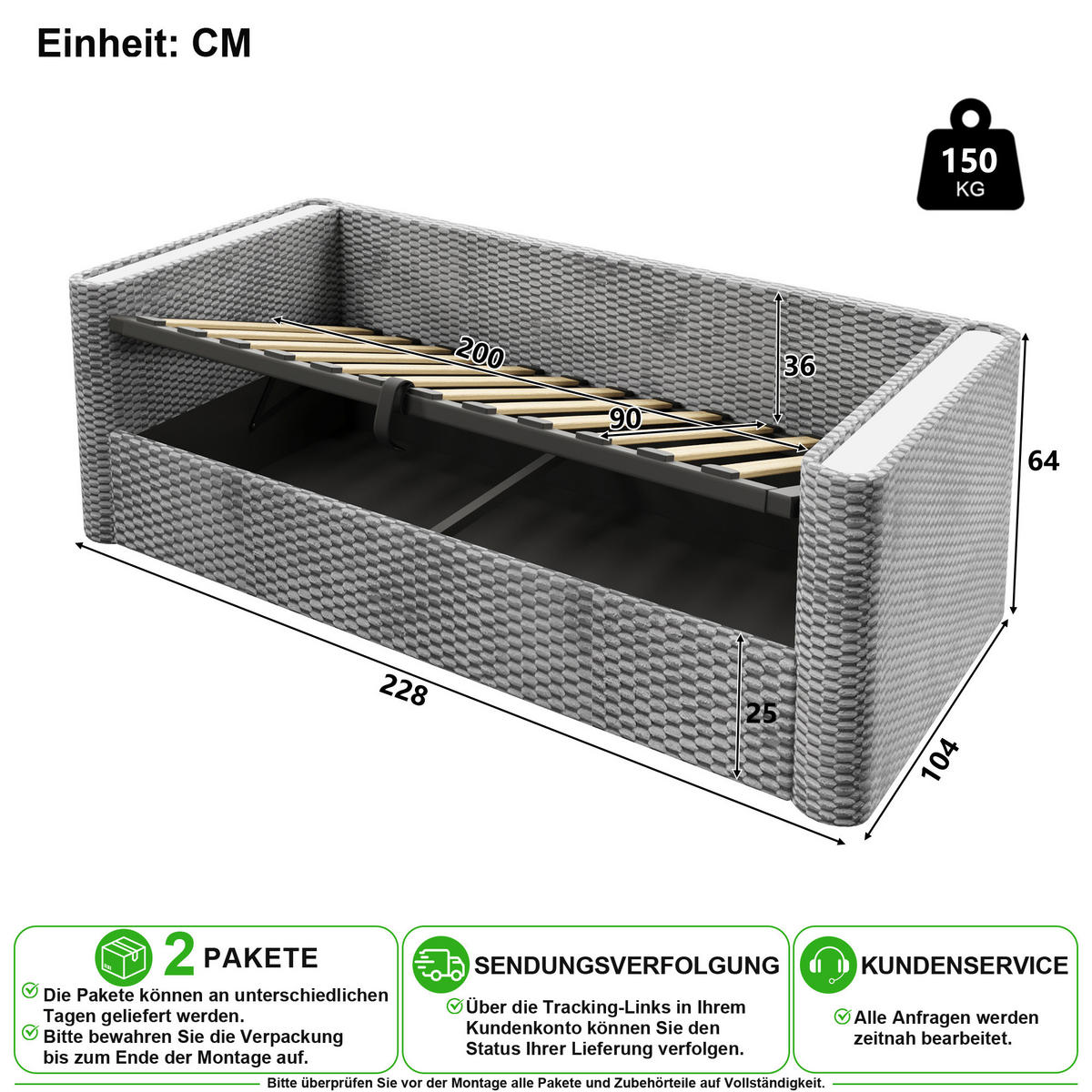 SCHLAFSOFA 90/200 cm in Grau Samt mit Stauraum und LED - Grau, Holzwerkstoff/Textil (90/200cm) - CHICFURN