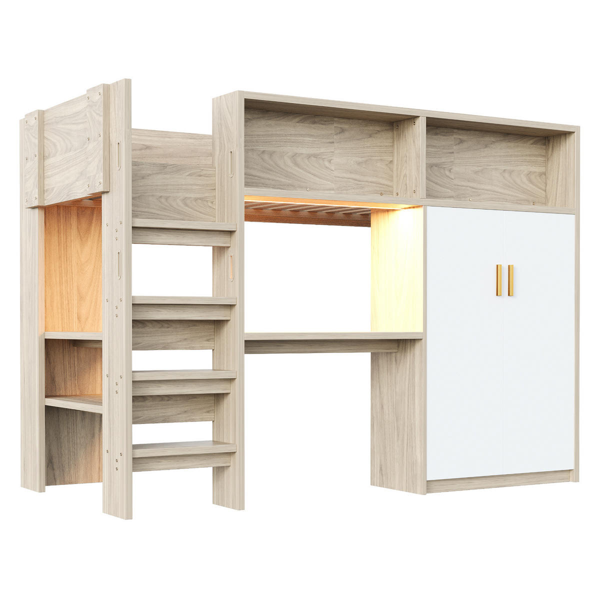 HOCHBETT 90/200 cm mit Schreibtisch, Kleiderschrank, Regal, LED und Lattenrost aus Holzwerkstoff, Naturfarben/Weiß - Naturfarben, Holzwerkstoff (90/200cm) - Redom