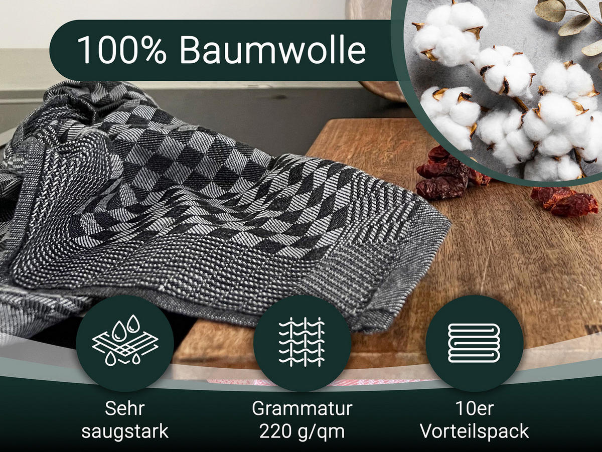 GESCHIRRTÜCHER, 10er-Set, 46x70 cm, 100% Baumwolle, Schwarz - Schwarz, Textil (46/70cm) - Zollner