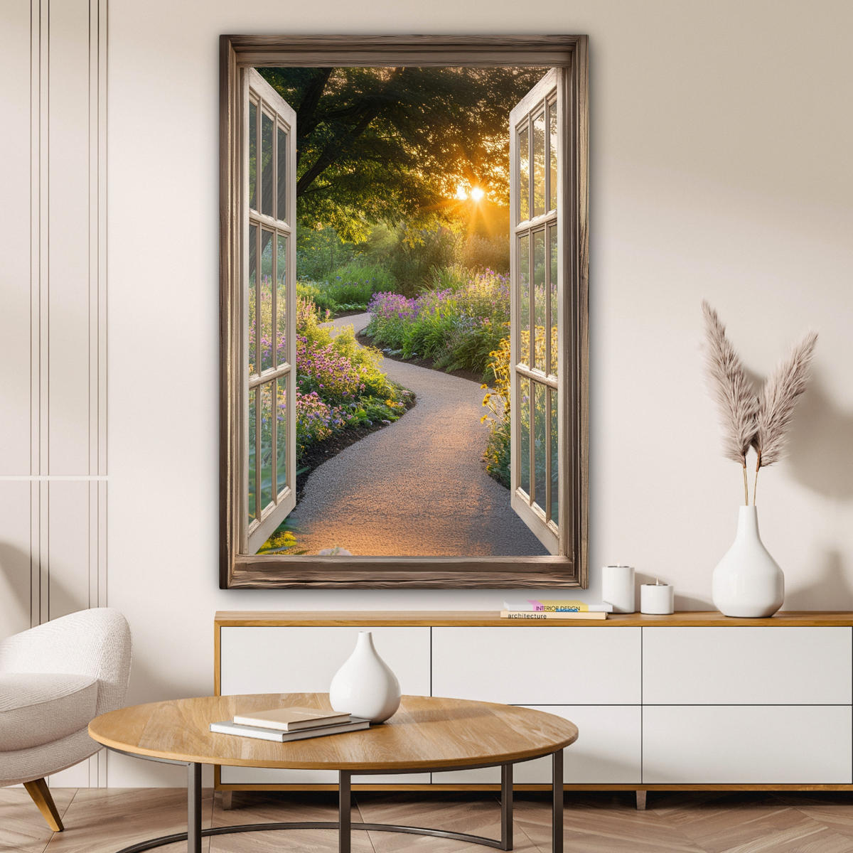 LEINWANDBILD Aussicht - Blumen - Natur - Sonne - Weg 80x120 cm - Hellgelb, Textil (80/120cm) - MuchoWow