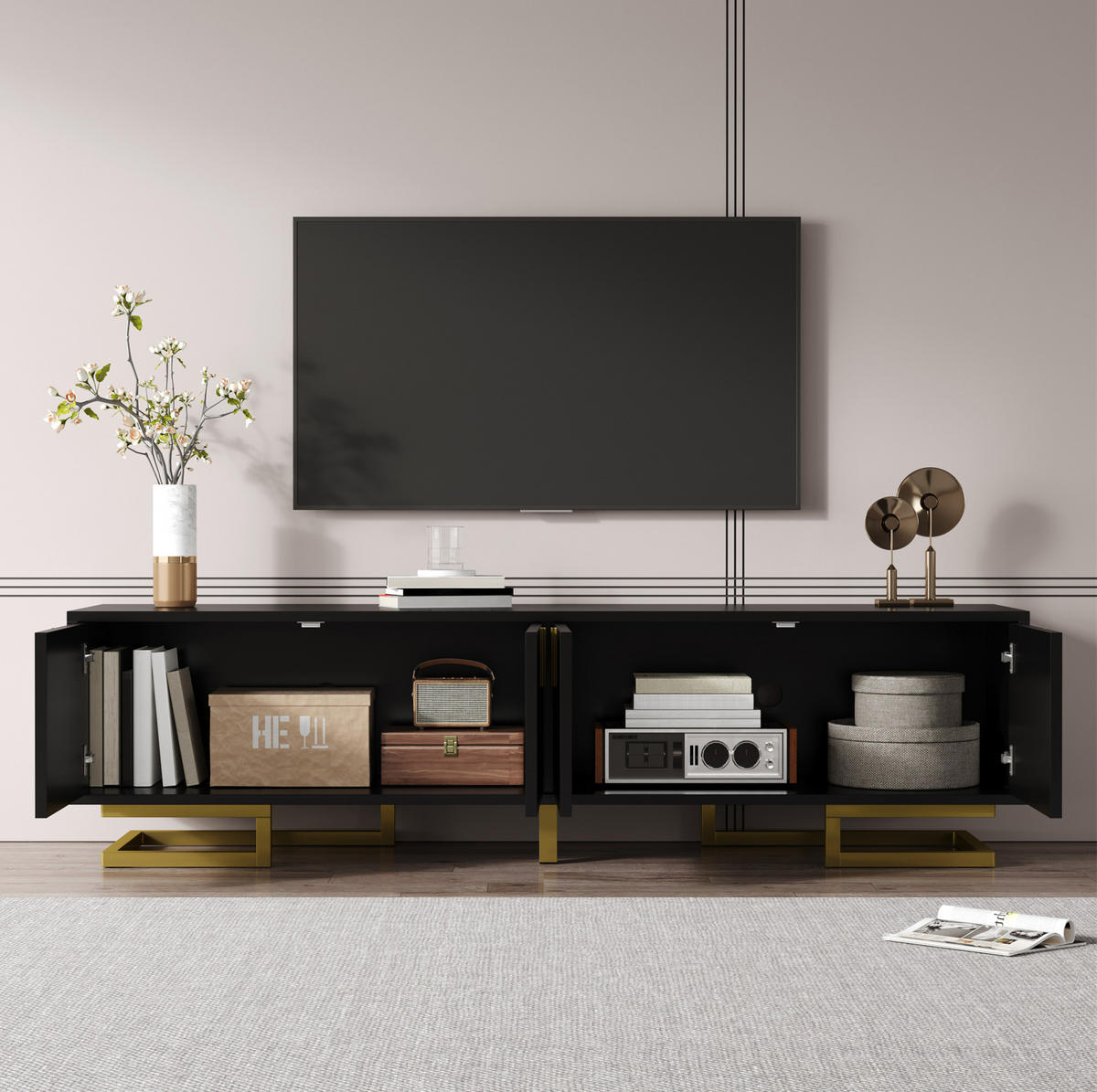 TV stolek 160/38/44,5 cm s úložným prostorem, strukturované dveře, zlaté úchyty a nohy, Černá - černá, kompozitní dřevo (160/44.5/38cm) - Redom