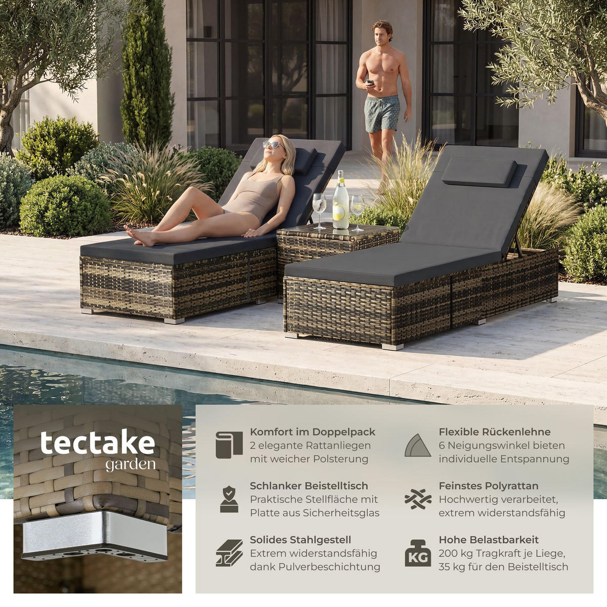 RATTAN-DOPPELLIEGE Carbonera, Belastbarkeit je 200 kg, natur - Naturfarben, Kunststoff (62/36/196cm) - tectake