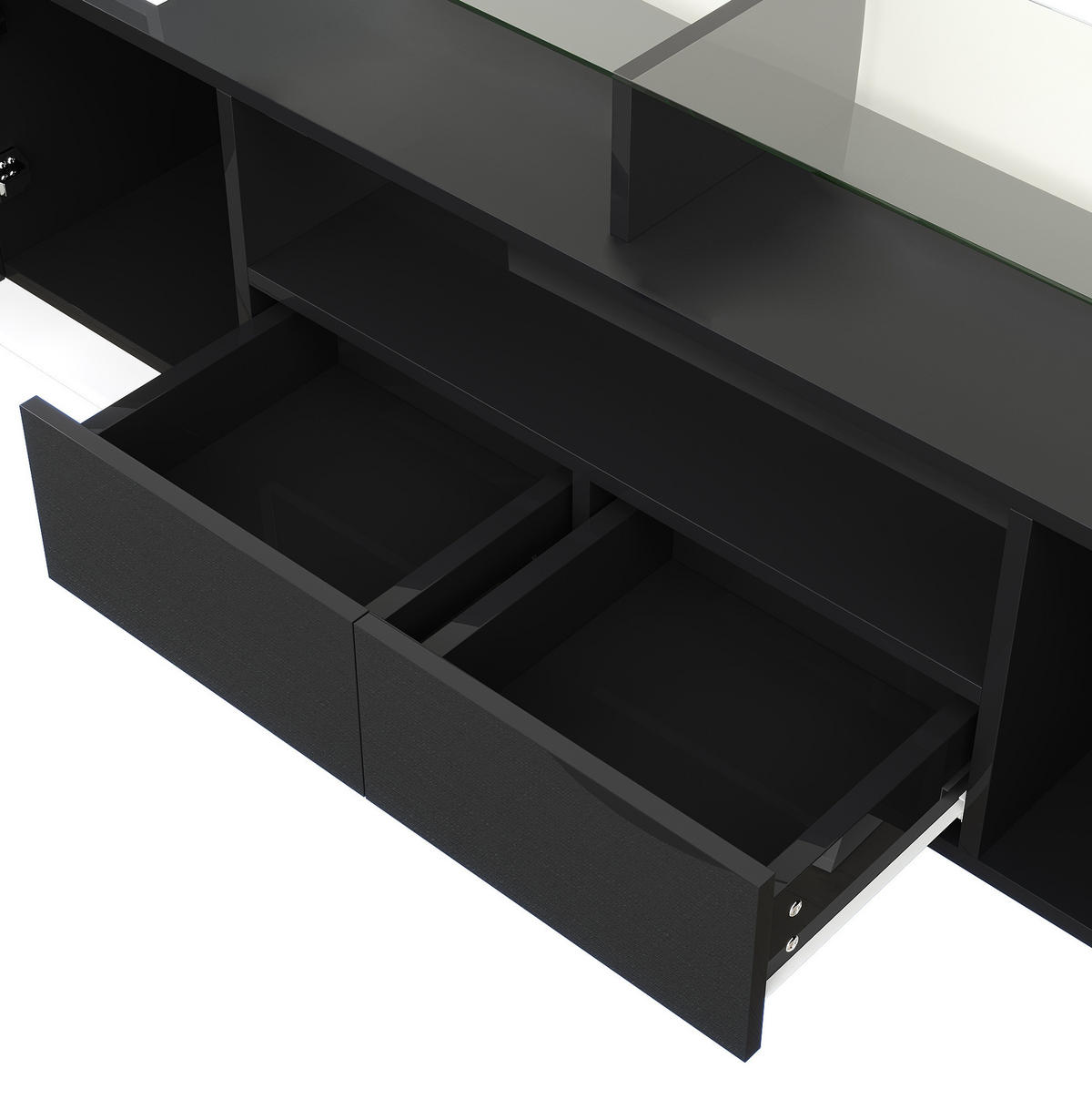TV stolek 200/35/60 cm s LED osvětlením, vysoký lesk a skleněná plocha, úložný prostor, Bílá/Černá - černá, kompozitní dřevo (200/60/35cm) - Redom