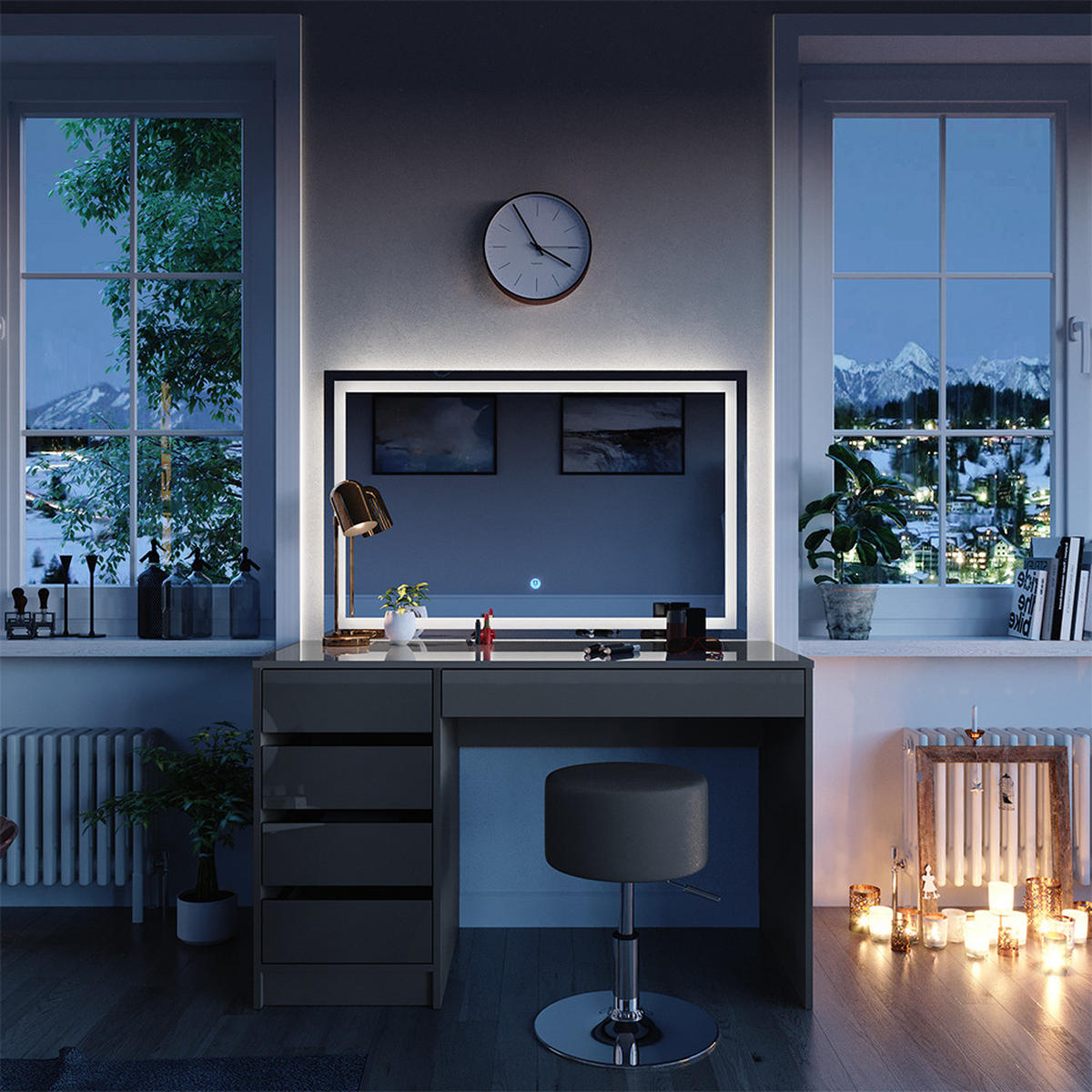 SCHMINKTISCH Sherry Grau 120 cm mit LED-Spiegel und Hocker - Grau, Holzwerkstoff (120/75/55cm) - Vicco