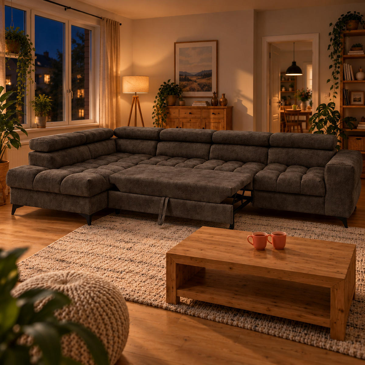 ECKSOFA PUDDING MAXI L Links mit Schlaffunktion 125x195 Velours Dunkelbraun - Dunkelbraun/Schwarz, Holz/Textil (350/203cm) - Muffo