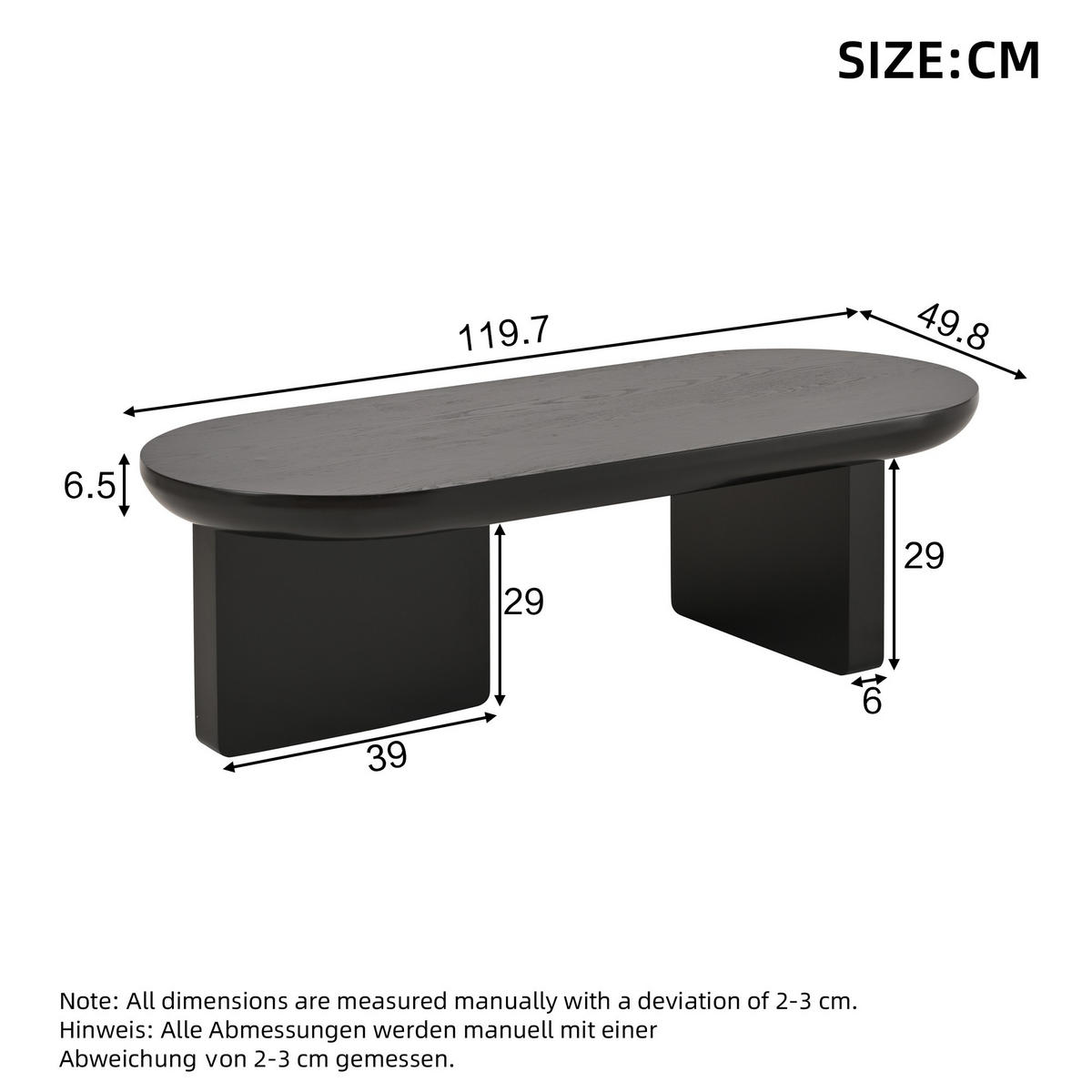 COUCHTISCH 119.7/49.8/35.5cm,Ovaler Tisch,Beistelltisch aus MDF,Schwarz - Schwarz, Holz (49.8/119.7/35.5cm) - LVHOM