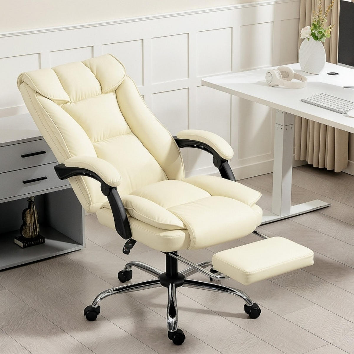 DREHSTUHL 66/72/113-121 cm beige aus Kunstleder mit Fußstütze - Beige, Kunststoff (72/121/66cm) - OKWISH