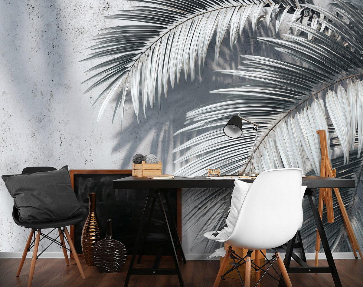 FOTOTAPETE Blätter Beton Grau 350x250 cm - Multicolor, Papier (350/250cm) - Wallarena