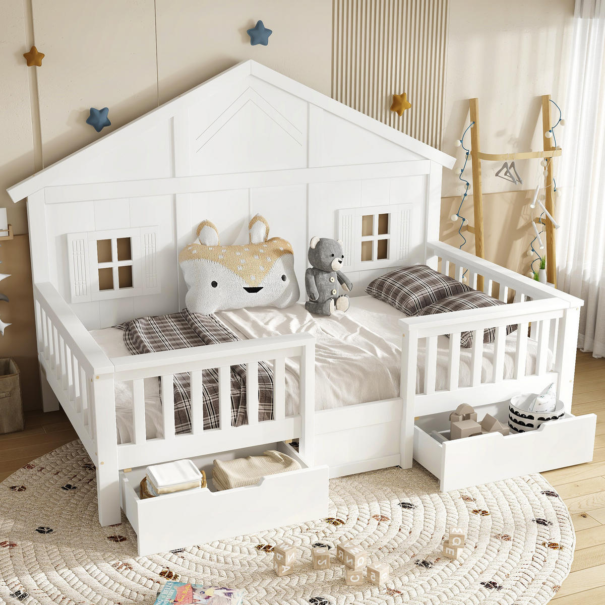 KINDERBETT 90x200 cm Haus Schubladen weiß - Weiß, Holz (90/200cm) - LEBENLANG