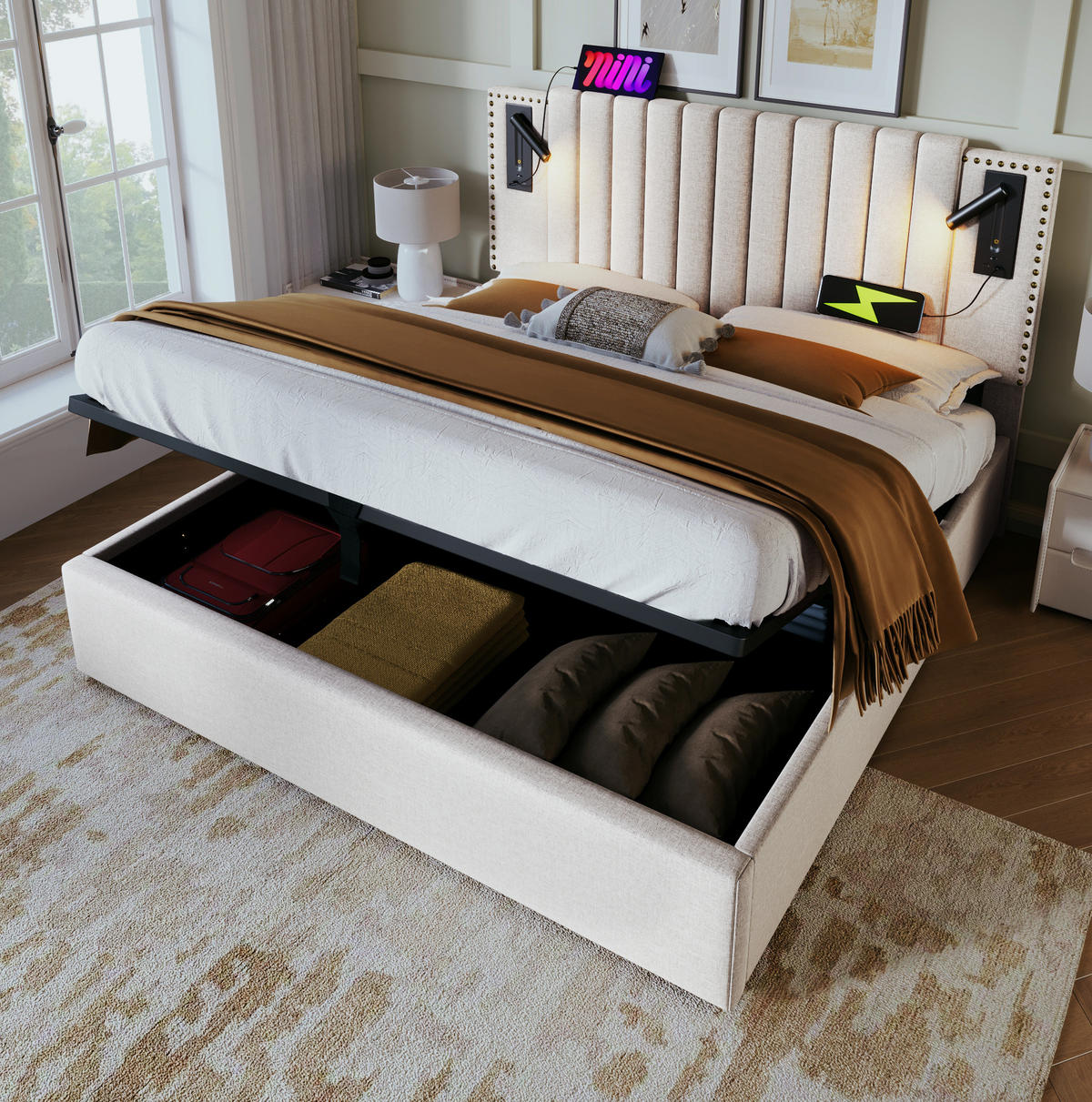 BETT mit Bettkasten 140x200 cm Baumwolle Beige - Beige, Metall (140/200cm) - Meubliv