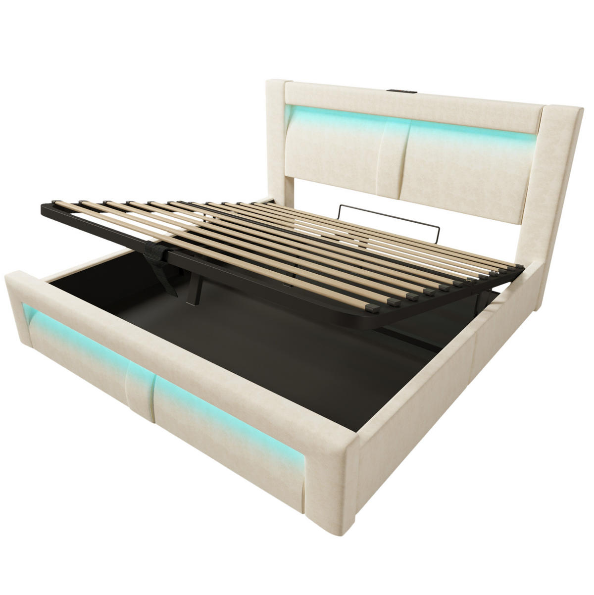 BETT mit Stauraum & LED 140x200 cm Samt Beige inkl. Matratze - Beige, Metall (140/200cm) - Meubliv