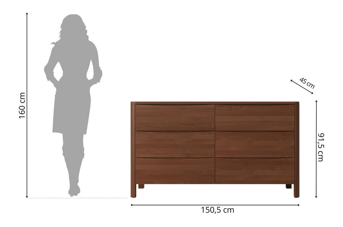 HOLZKOMMODE Modena Low 150, Nussbaumfarbe - Walnussfarben, Holz/Buchenholz (150.5/91.5/45cm) - Visby