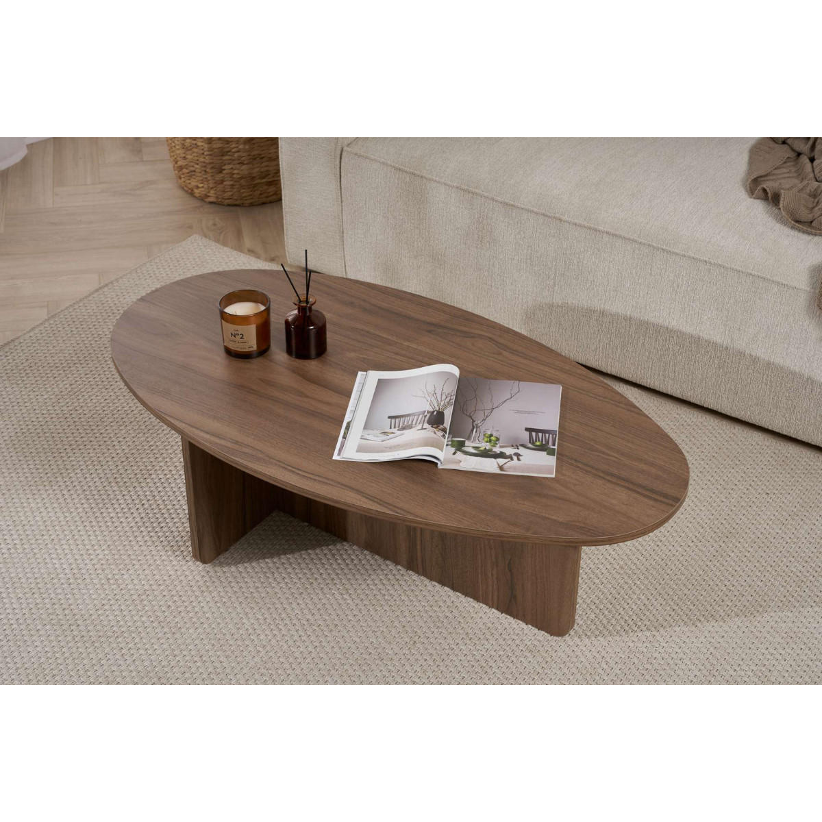 COUCHTISCH mit ovaler Platte L125 cm 65/120/40 cm - Naturfarben, Holzwerkstoff (70/65/40cm) - Calicosy