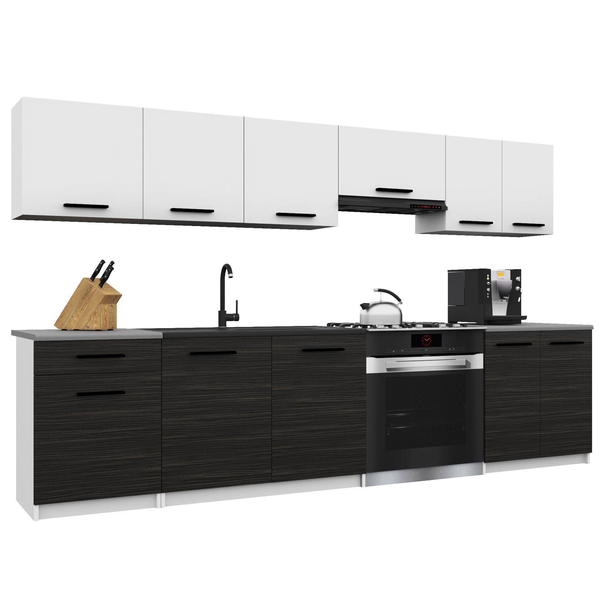 KÜCHENZEILE Italia 2 240 cm, mit Arbeitsplatten, Weiß-Ebenholz Matt - Schwarz/Weiß, Holz (240/143/60cm) - B BELINI GROUP