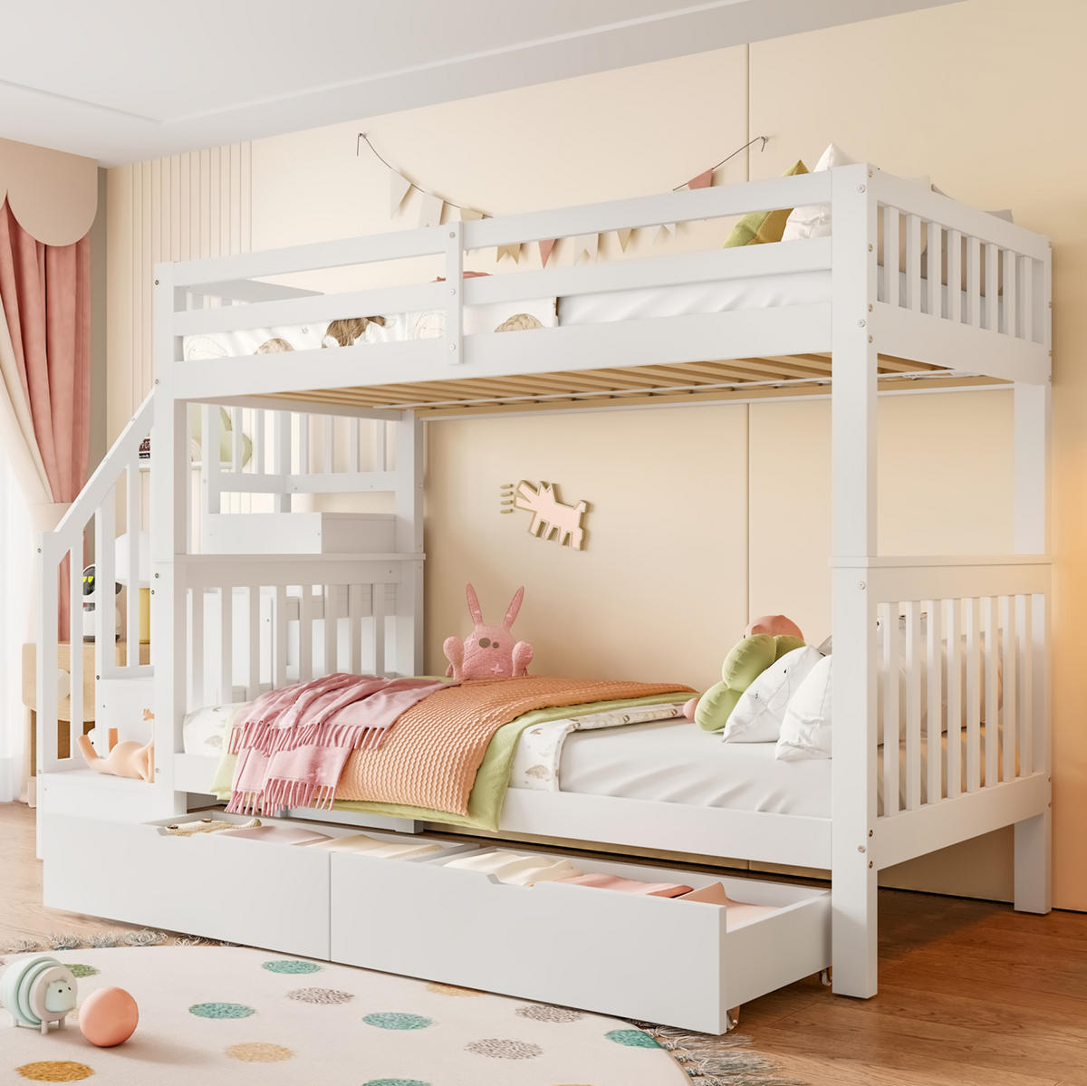 ETAGENBETT 90/200 cm aus Kiefer und MDF mit Treppenregal und 2 Schubladen Weiß - Weiß, Holz (90/200cm) - Modenvie
