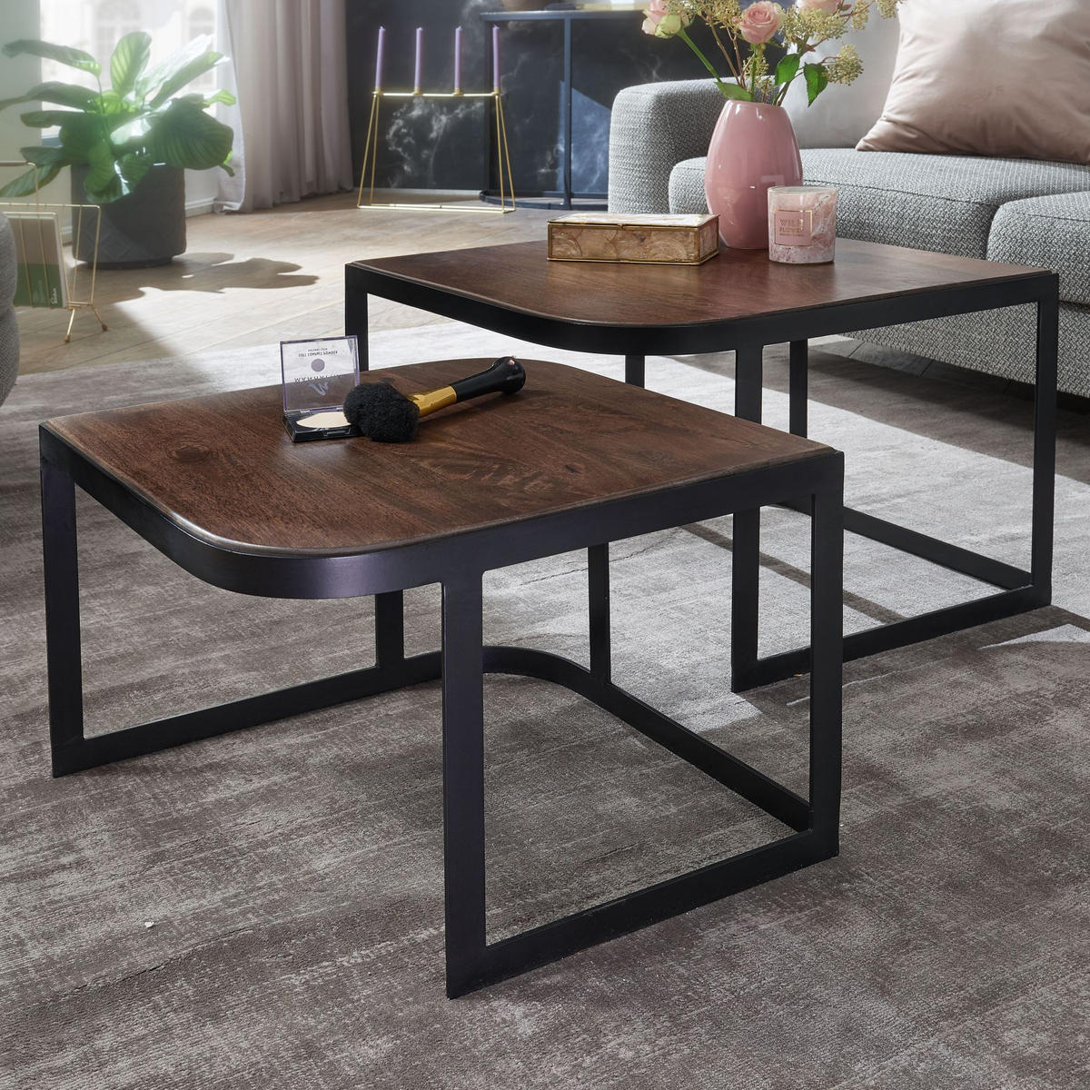 BEISTELLTISCH 2er Set Mango Massivholz Eisen Abgerundete Ecken TIMAVO, Schwarz - Schwarz, Holz/Metall (60/60/40cm) - KADIMA DESIGN