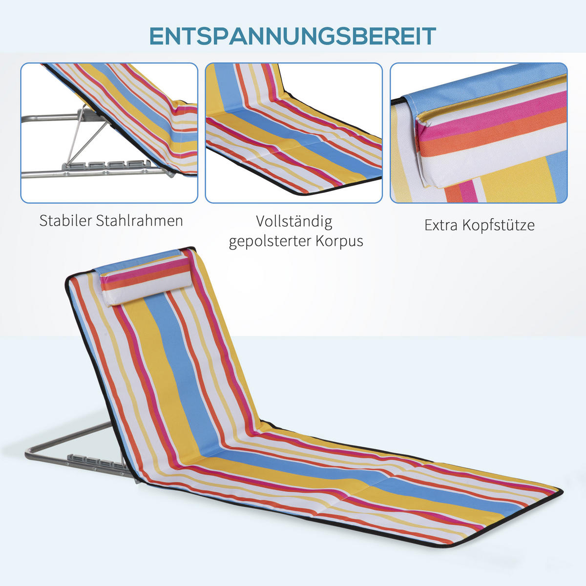 STRANDMATTE, 2er Set Faltbare Strandliege mit Kopfkissen, Tragetasche Mehrfarbig - Multicolor, Metall (53/45/124cm) - Outsunny