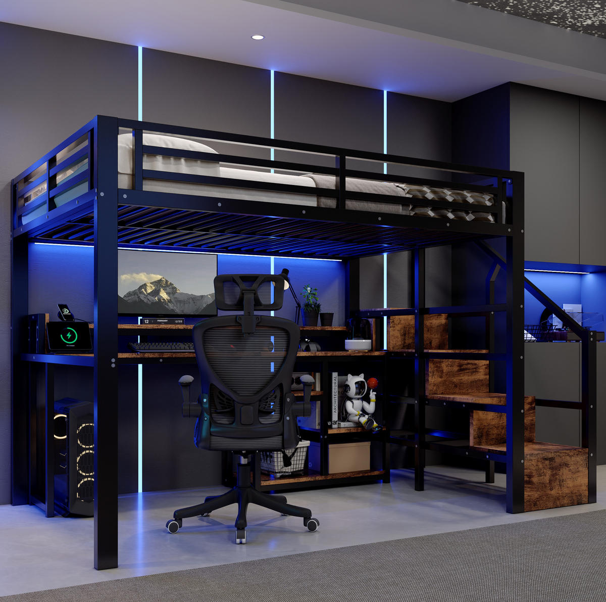 HOCHBETT aus Metall und MDF 140x200 cm Schwarz mit Leiterschrank, LED-Beleuchtung und USB-C-Anschluss - Schwarz, Holzwerkstoff (140/200cm) - IVMEU