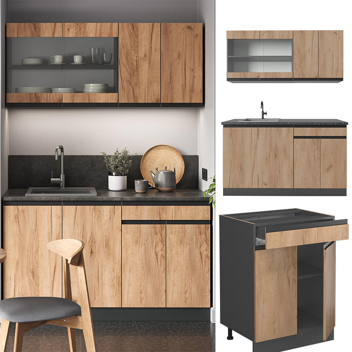 SINGLEKÜCHE R-Line Goldkraft Eiche/Anthrazit 140 cm J-Shape - Honigeiche/Anthrazit, Holzwerkstoff (140/81.6/46cm) - Vicco