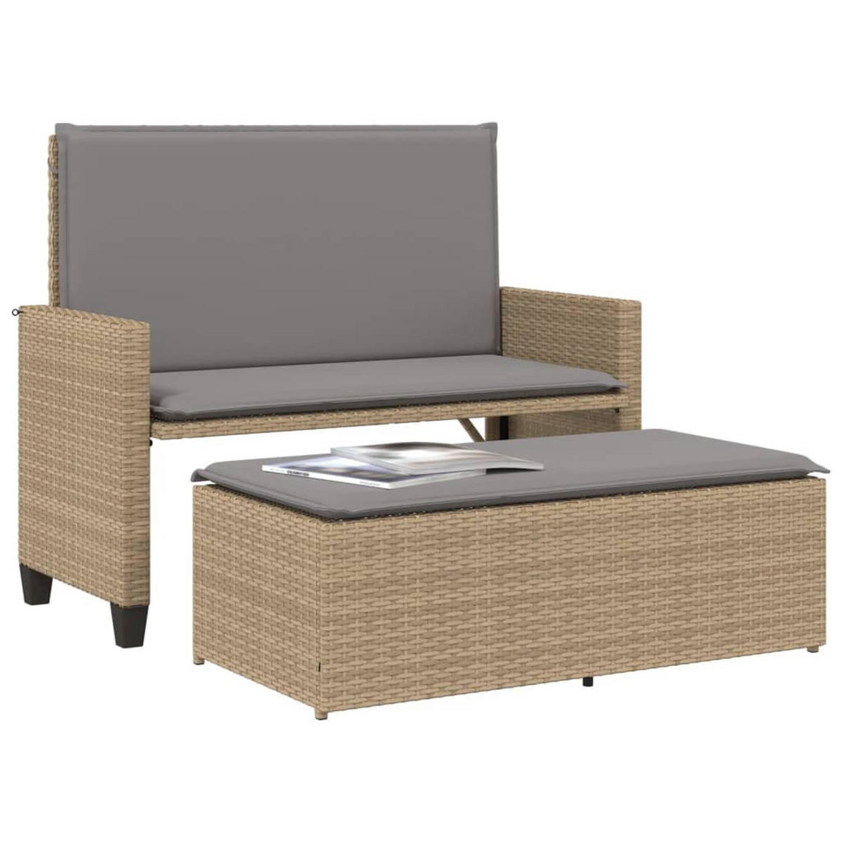 GARTENBANK mit Kissen und Hocker Beige Poly Rattan - Beige, Kunststoff (122/61.5/55cm) - furnicato