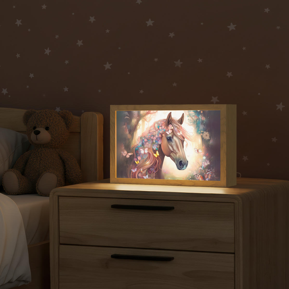 NACHTTISCHLAMPE Pferd - Natur - Blumen - Schmetterlinge - Wald 30x20 cm - Dunkelbraun, Holzwerkstoff (8/30/20cm)