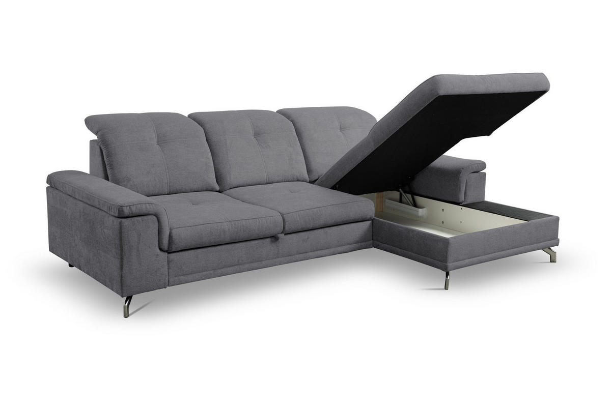ECKSOFA PANAMA mit Schlaffunktion und Bettkasten, Farbe: Dunkelgrau, Velourstoff, Ottomane Rechts - Dunkelgrau, Textil (270/180cm) - VENASI MÖBEL