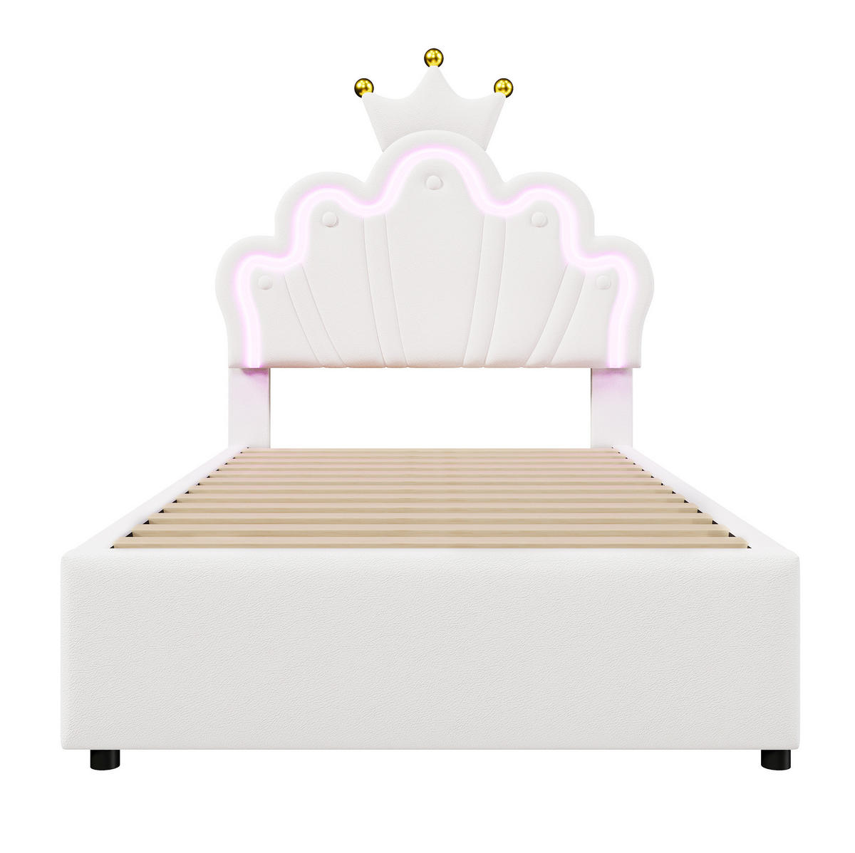 DETSKÁ posteľ 90/200 cm biela s LED osvetlením 2 zásuvkami a nastaviteľným čelom z PU - biela, koža (90/200cm) - OKWISH
