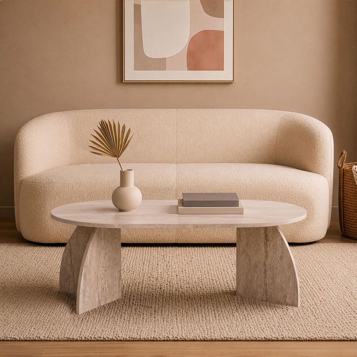 COUCHTISCH mit ovaler Tischplatte und geschwungenen Beinen 120/60/40 cm - Beige, Holzwerkstoff (120/60/40cm) - Calicosy