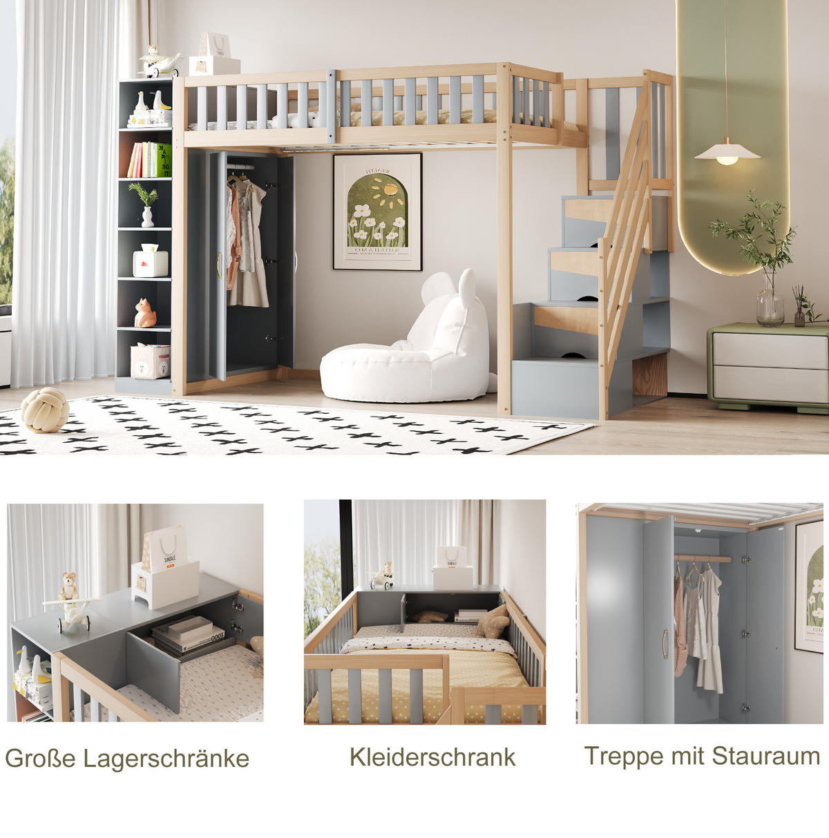 HOCHBETT 90/200 cm mit Kleiderschrank, Regalen und Stauraumleiter, Grau/Natur - Grau, Holzwerkstoff (90/200cm) - Redom
