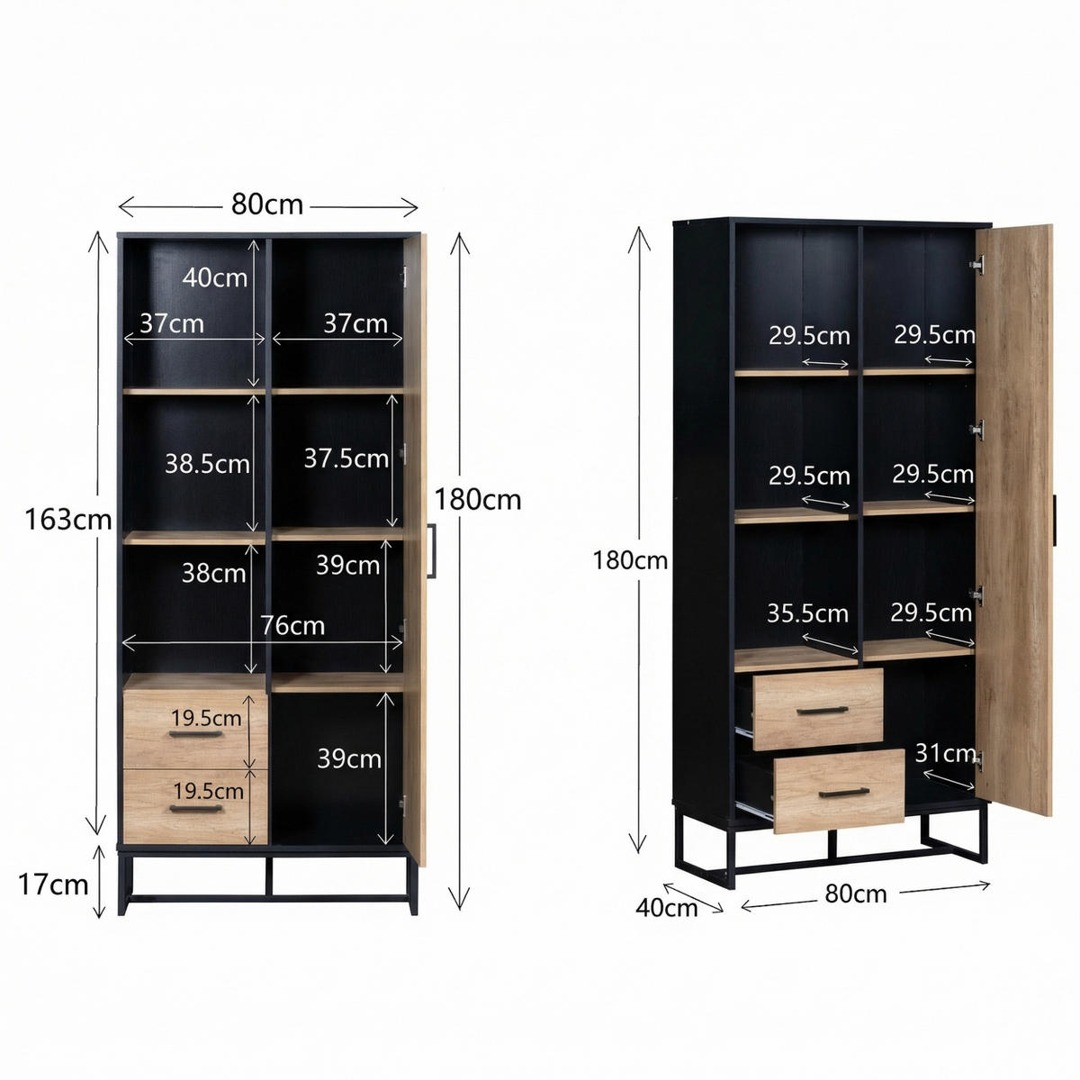 HIGHBOARD aus MDF 80x40x180 cm in Holzoptik und Schwarz mit Tür, Schubladen und offenen Fächern - Schwarz, Holzwerkstoff (80/180/40cm) - IVMEU