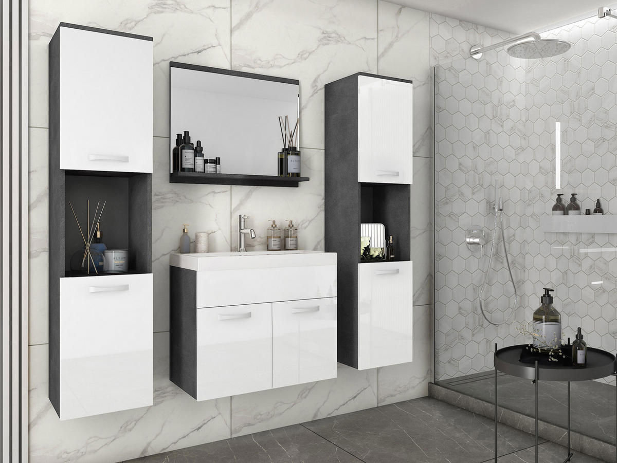 BADMÖBEL-SET Montreal XL - Weiß Hochglanz/Grau, Holzwerkstoff (30/132/30cm) - MIRJAN24