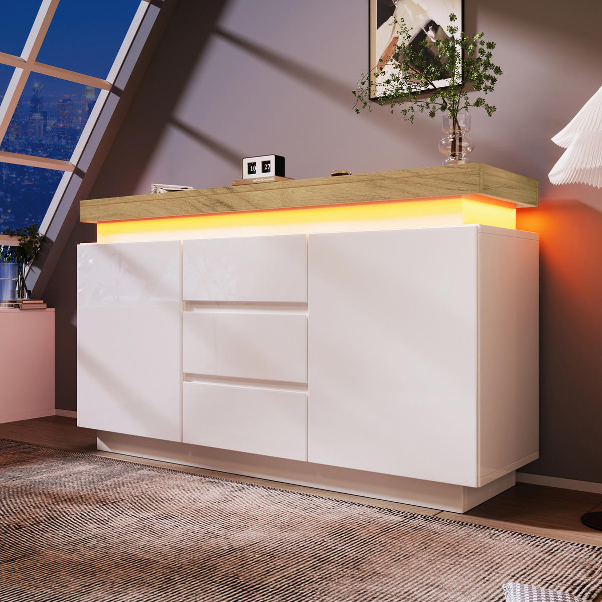 SIDEBOARD aus Spanplatte und MDF 140x39x81 cm Weiß mit LED-Beleuchtung, 2 Türen und 3 Schubladen - Weiß, Holzwerkstoff (140/81/39cm) - IVMEU