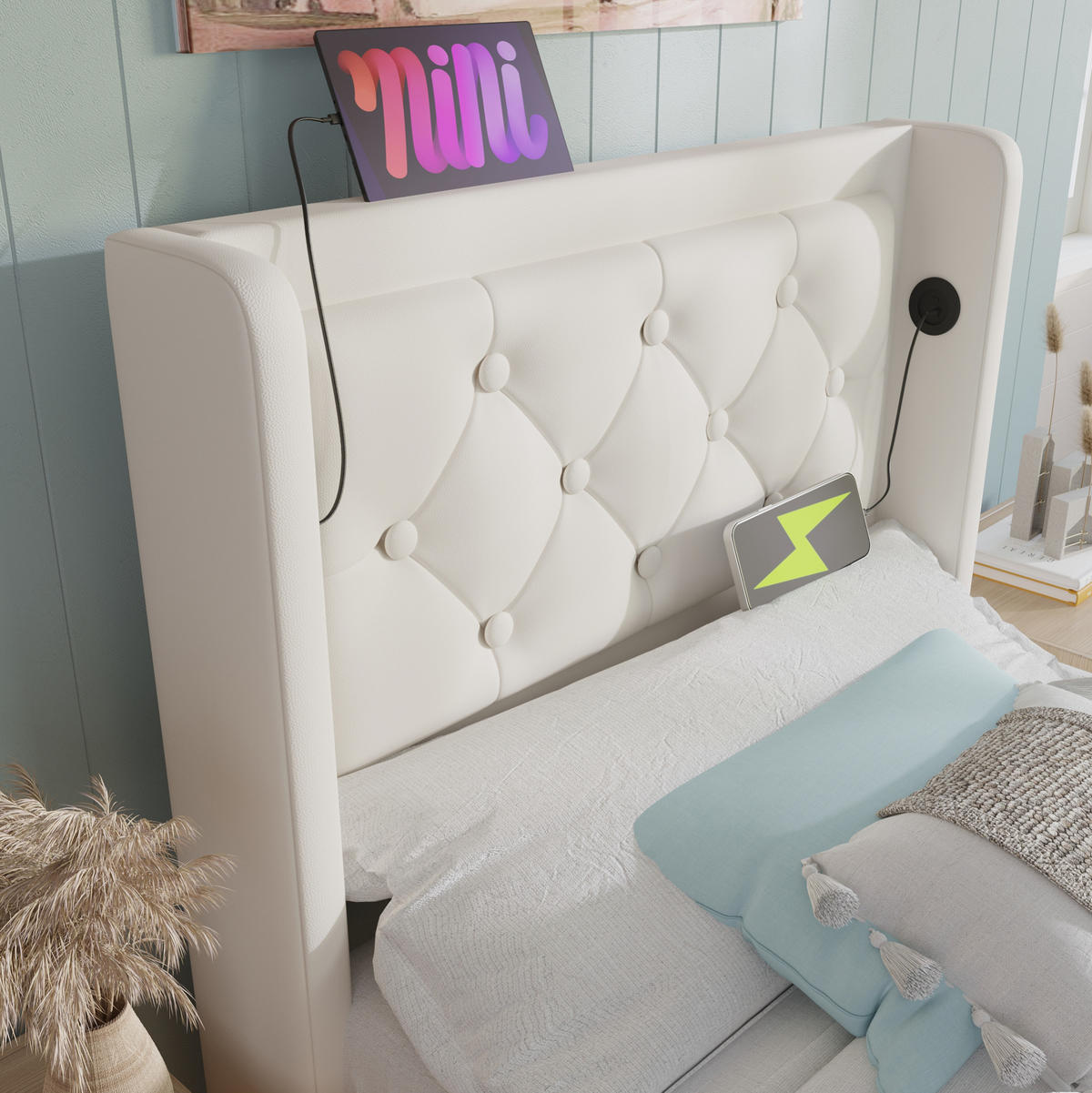 POLSTERBETT 90/200 cm Weiß aus PU mit Bettkasten, USB und LED - Weiß, Kunststoff (90/200cm) - OKMYHOME