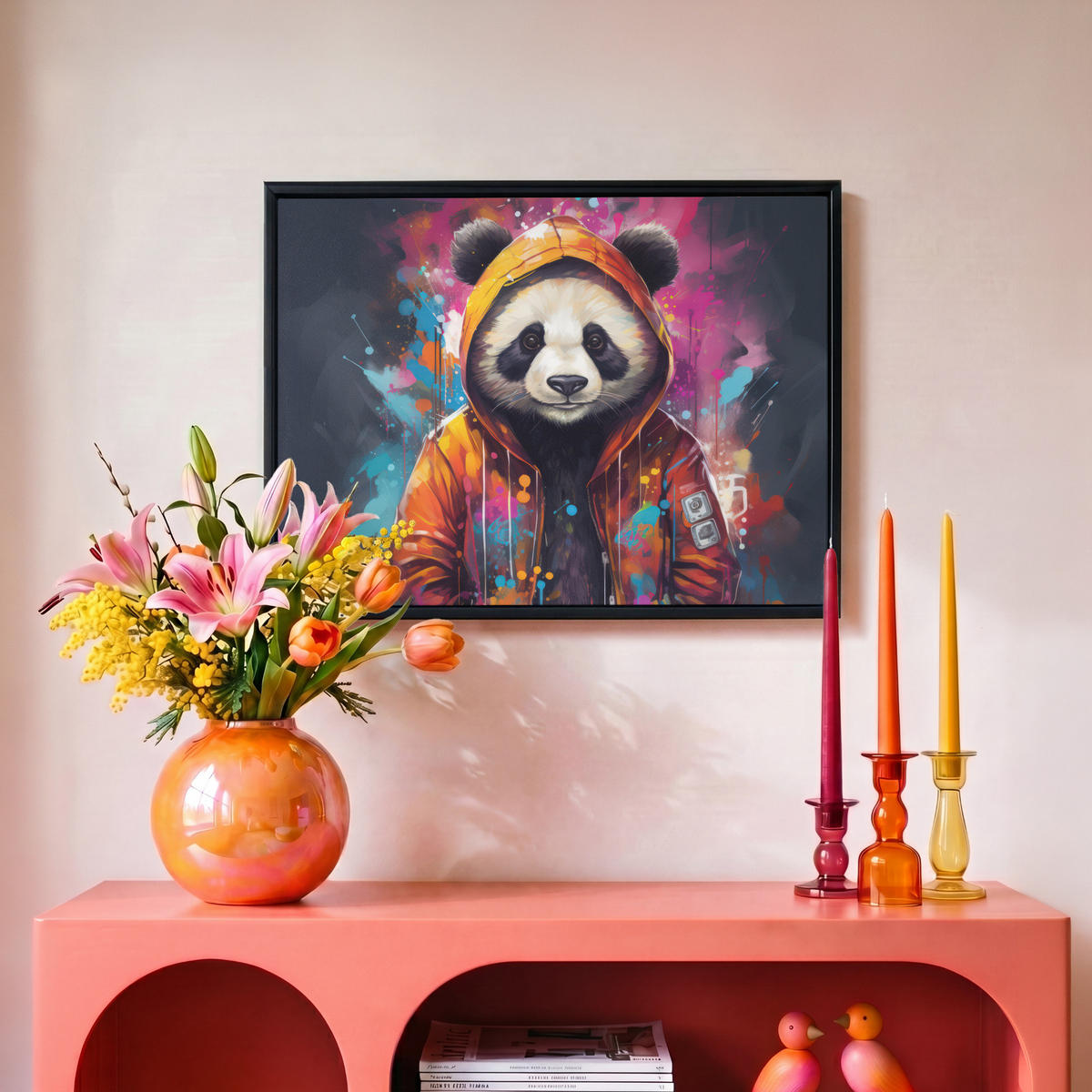LEINWAND Bilder mit Rahmen - Panda - Jacke - Graffiti - Orange - 40x30 - Orange, Textil (40/30cm) - MuchoWow