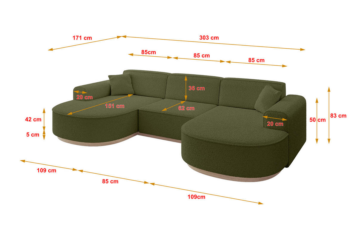 WOHNLANDSCHAFT MARI-U1-v1 - 303x171x83 cm Grün Bouclé - Grün, Holzwerkstoff/Textil (303/83/171cm) - ALTDECOR