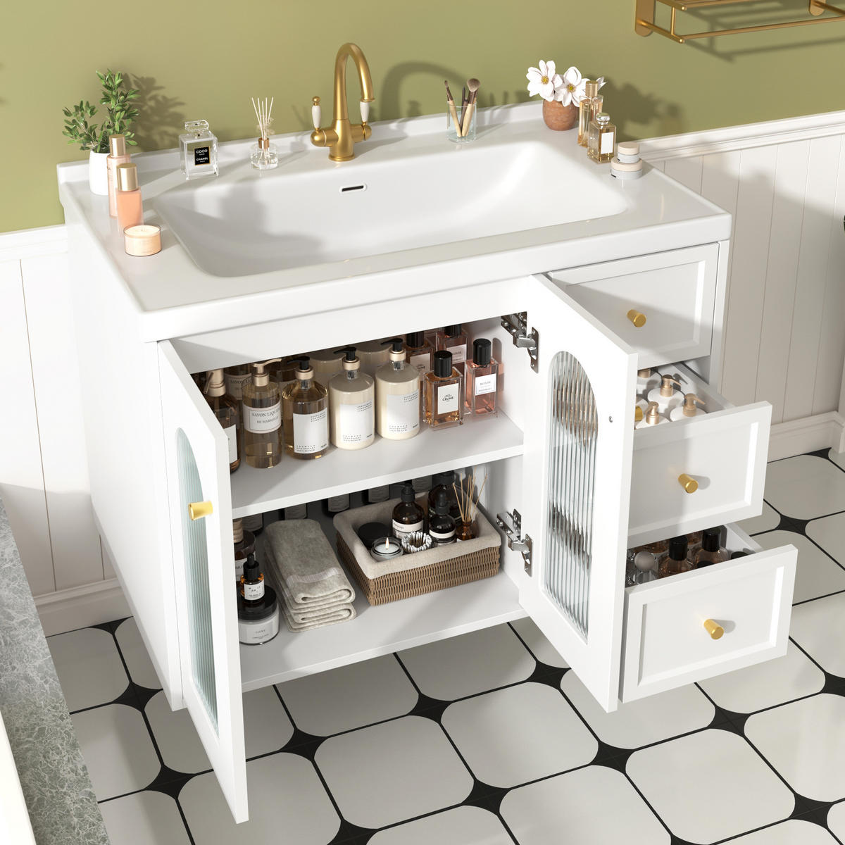 WANDMONTIERTER Badschrank mit Keramikwaschbecken 80x50x58 cm Weiß, 2 Schubladen, verstellbare Einlegeböden, modernes Design - Weiß, Holzwerkstoff (80/58/50cm) - Modfu