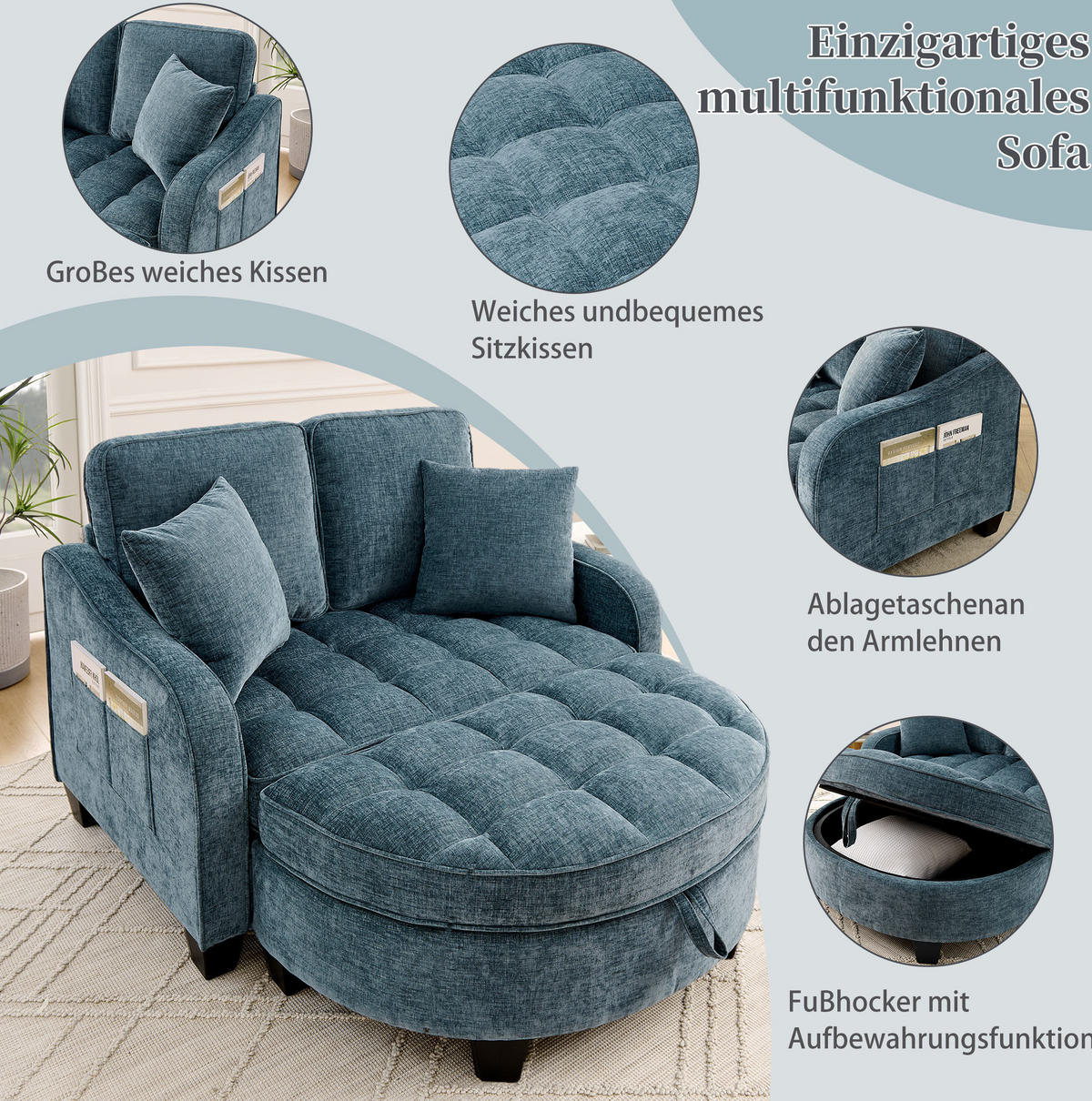 SOFA-BETT 132/129/93 cm aus Eukalyptusholz mit Aufbewahrungshocker Blau - Blau, Holz (129/93/132cm) - Modenvie